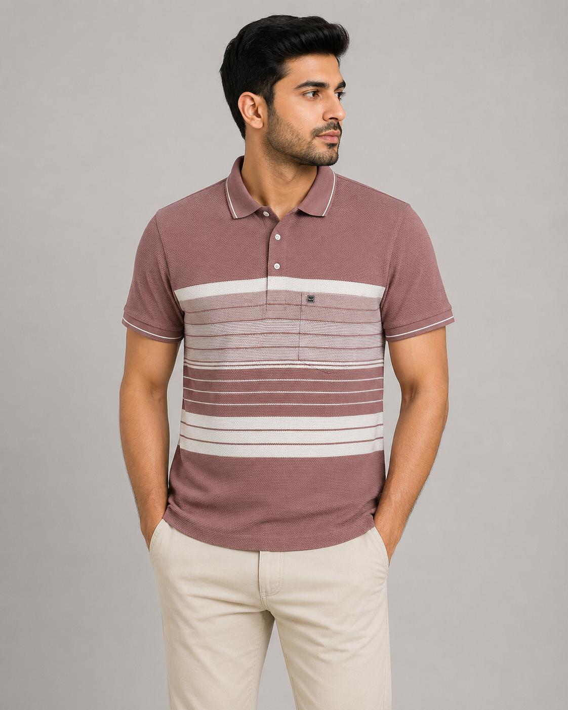 Men’s Mauve Textured Striped Polo T-Shirt