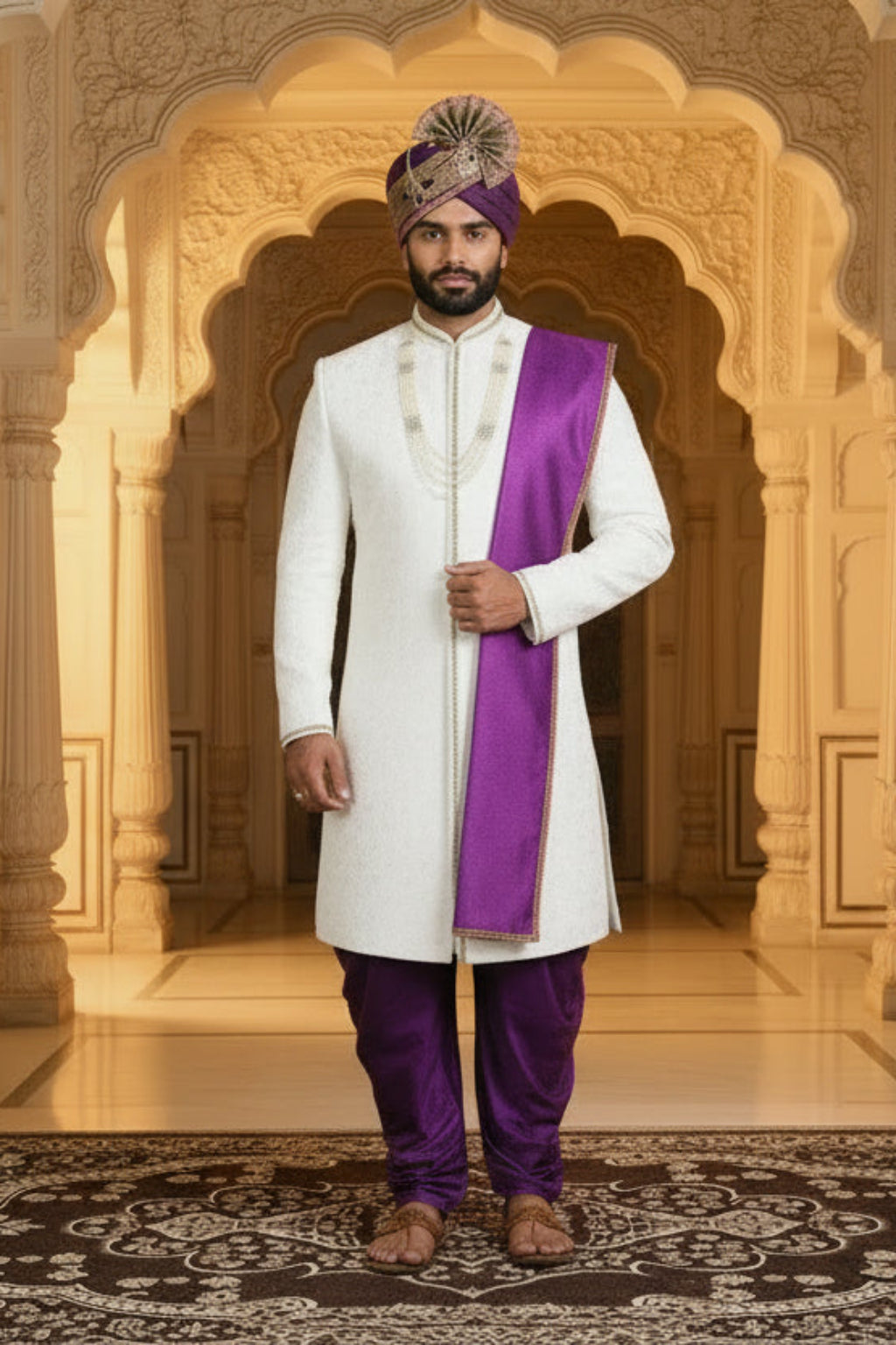 Elegant White & Purple Groom Sherwani Set