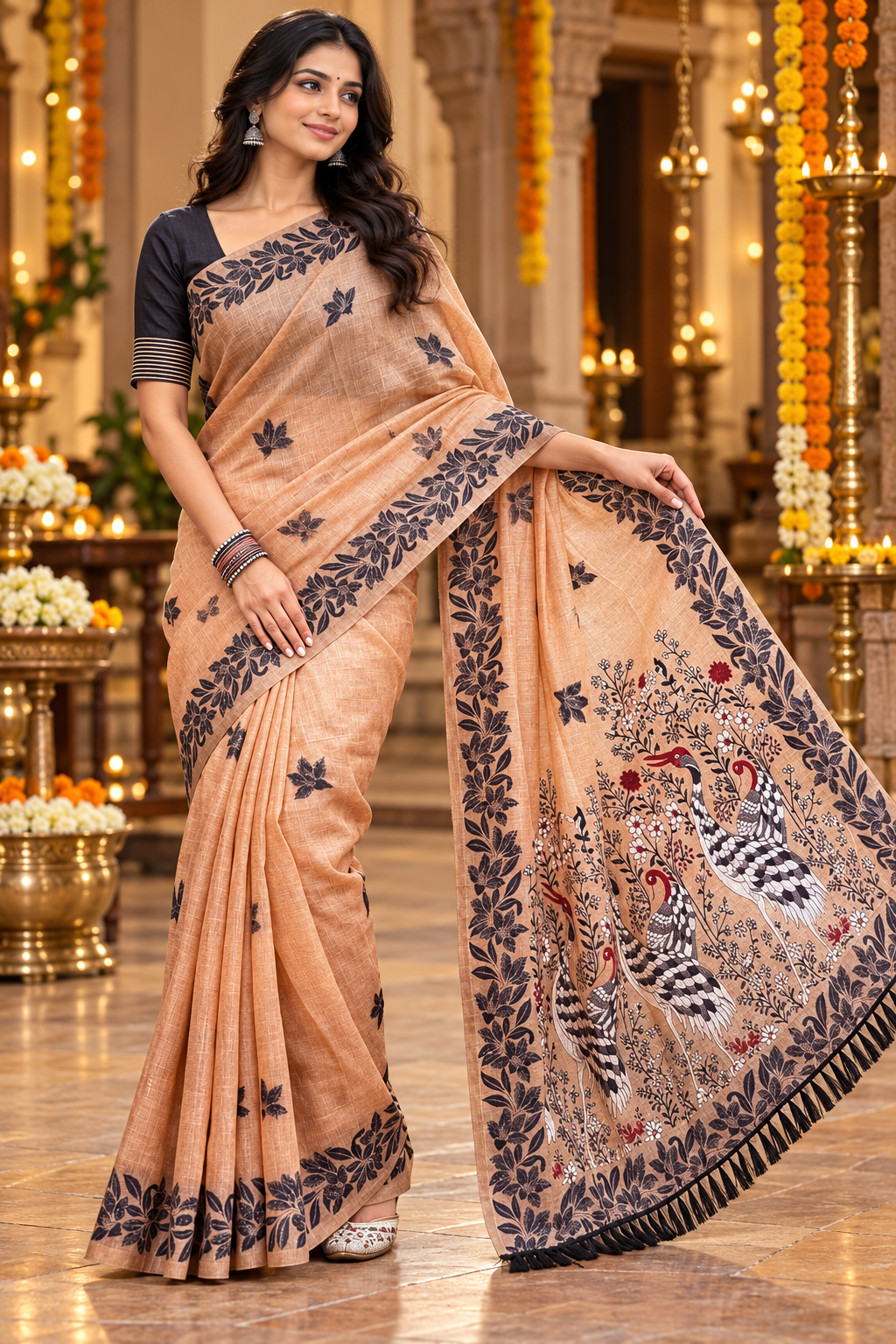 Title: light Peach Elegance with Artistic Bird Pallu