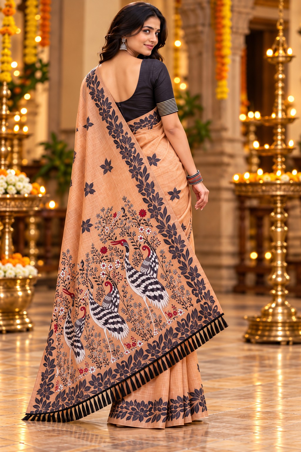 Title: light Peach Elegance with Artistic Bird Pallu