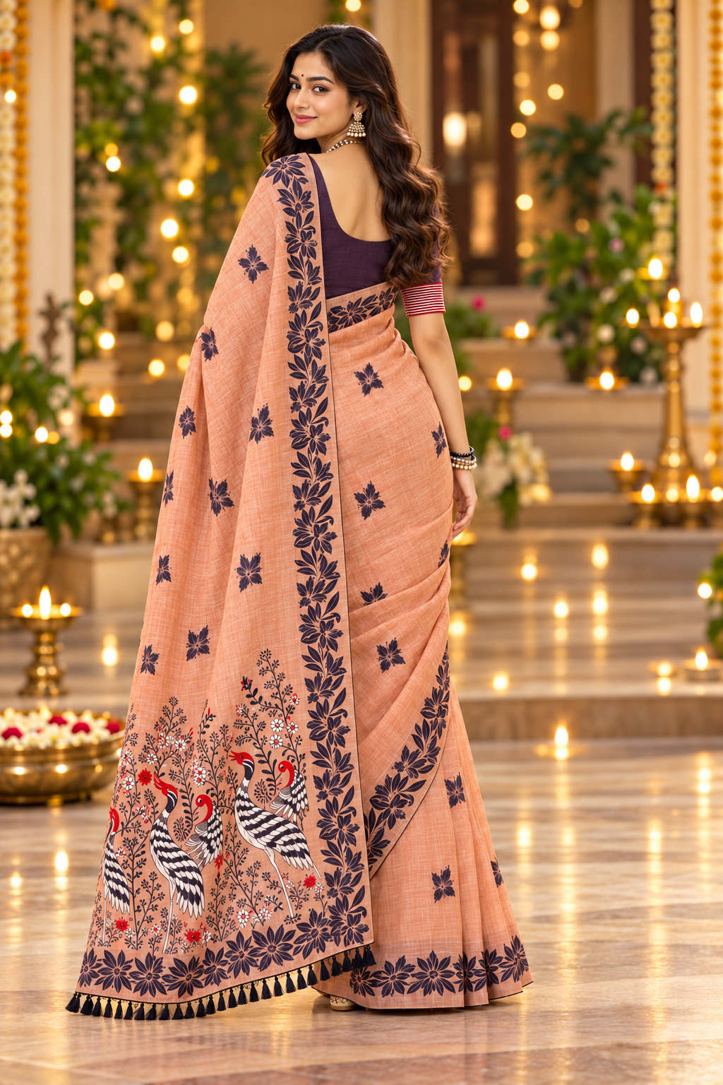 Title: Elegant Peach Saree with Artistic Bird Pallu
