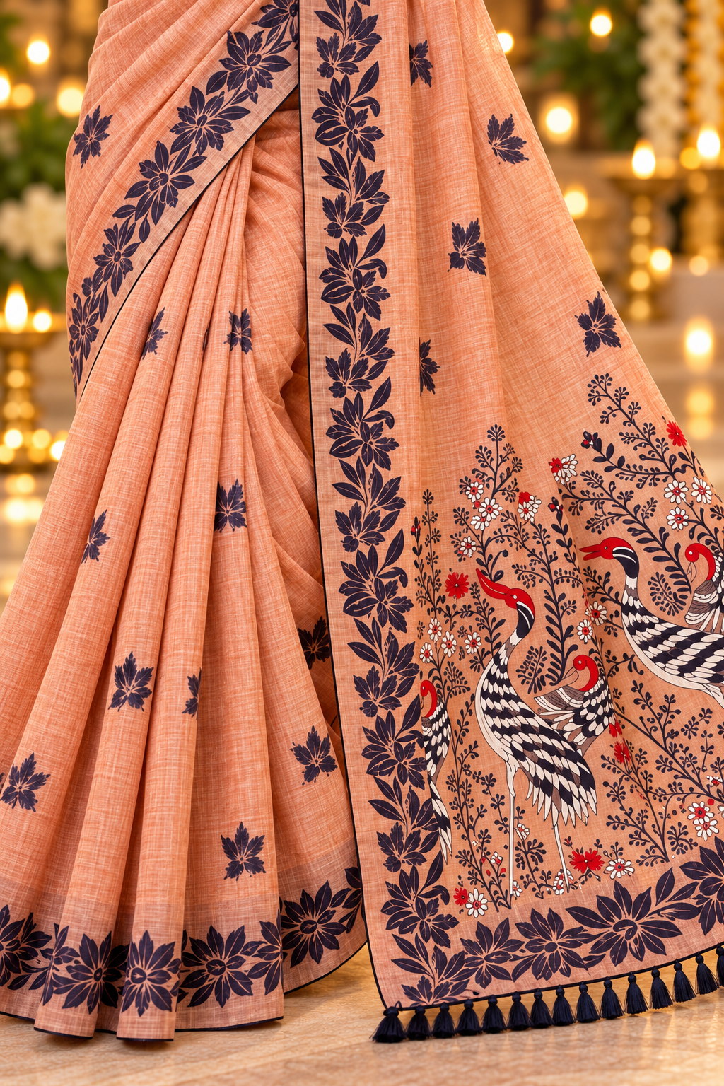 Title: Elegant Peach Saree with Artistic Bird Pallu