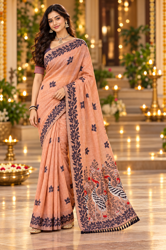 Title: Elegant Peach Saree with Artistic Bird Pallu