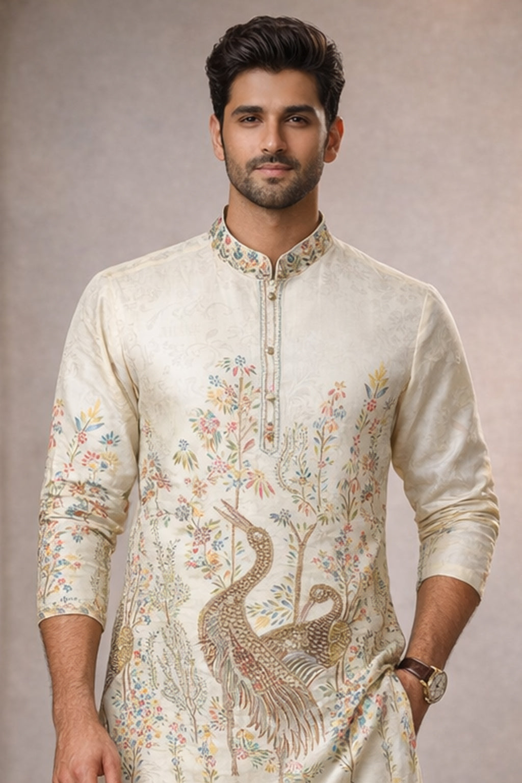Men’s Cream Peacock Printed Kurta