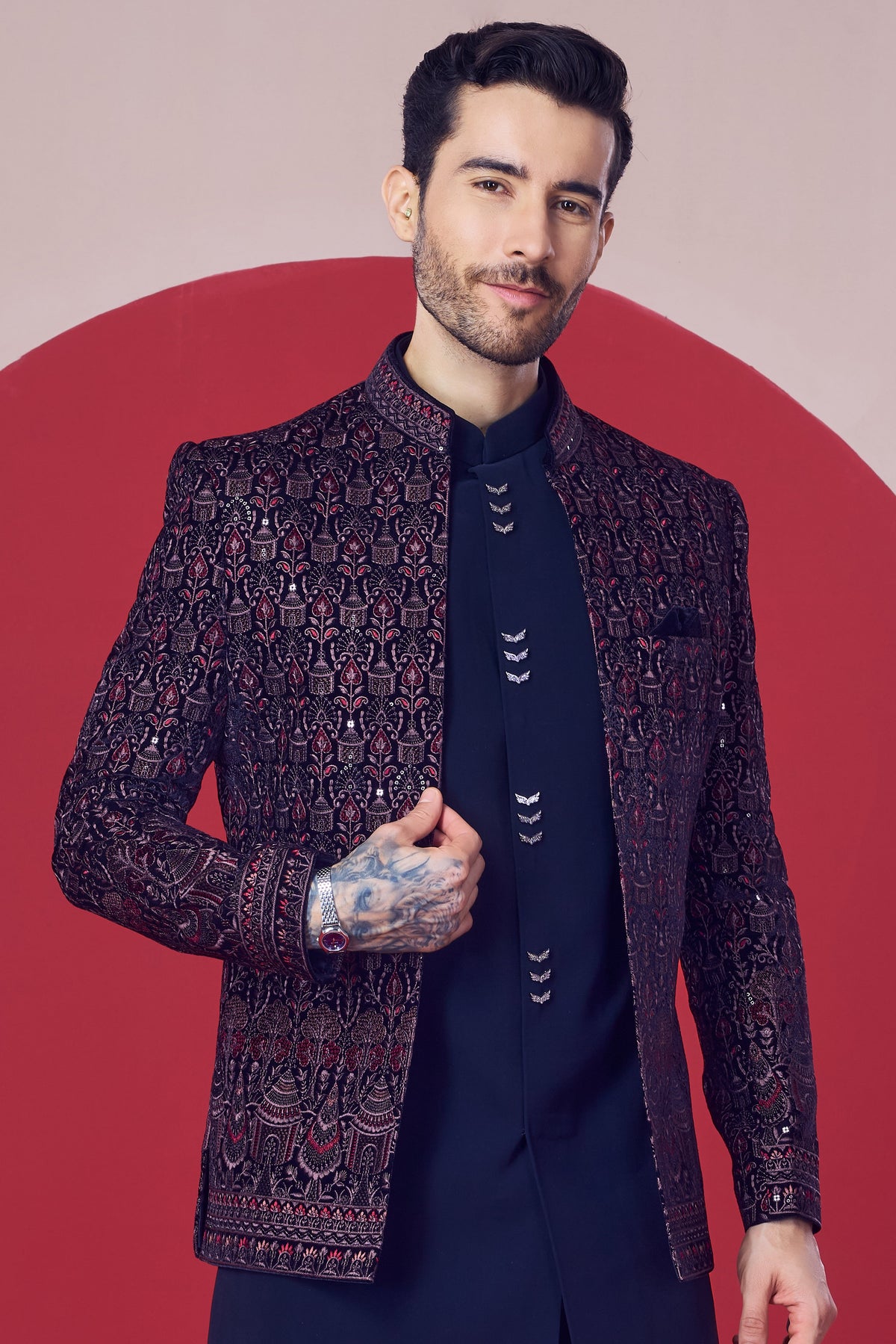Designer Navy Blue Embroidered Jacket – Royal Indo