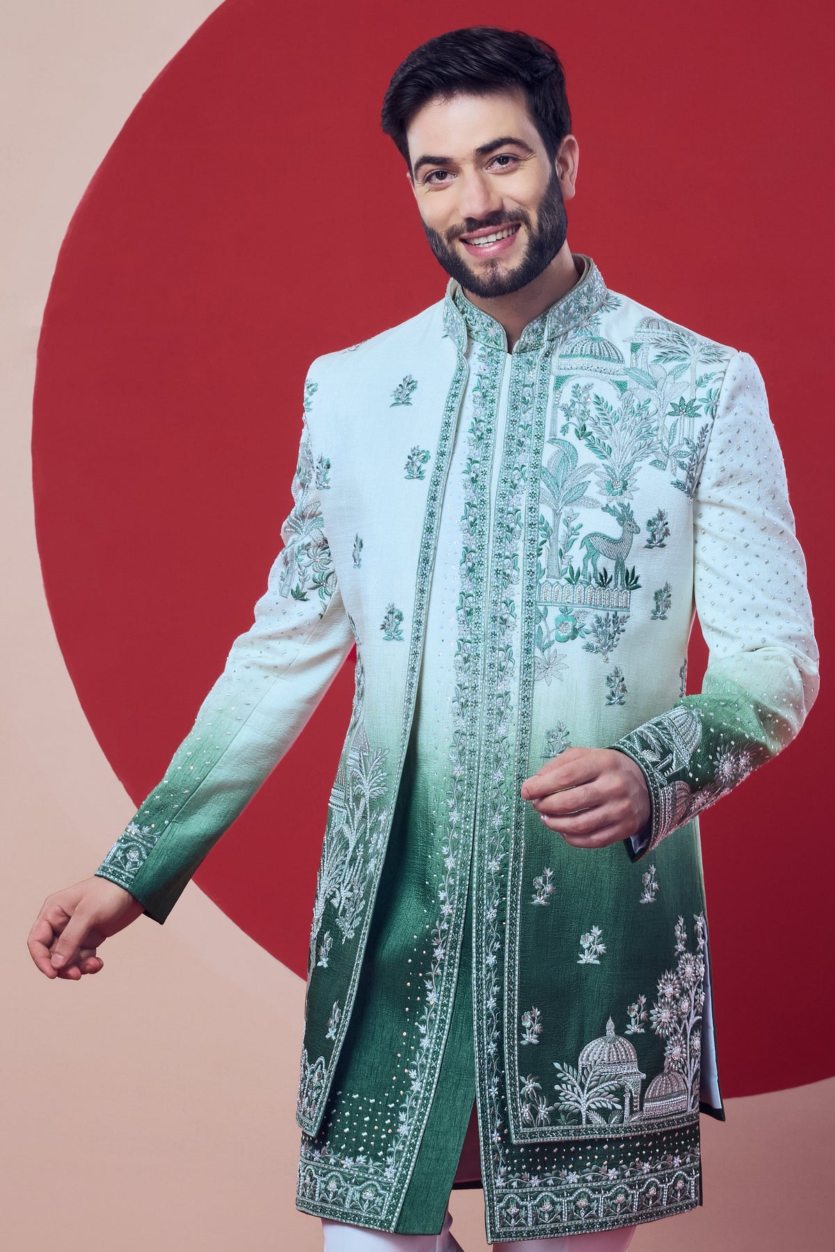 Men Mint & Bottle Green Floral Embroidered Indo-Western Set