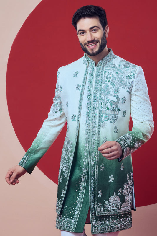 Men Mint & Bottle Green Floral Embroidered Indo-Western Set