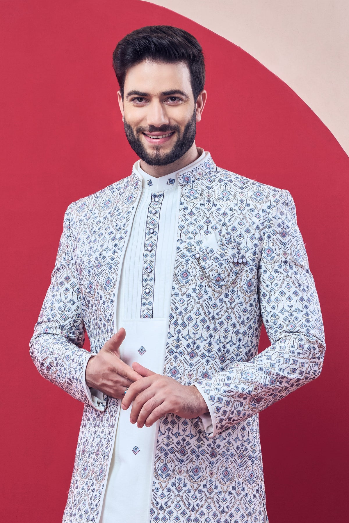 Sky Blue Embroidered Sherwani Set