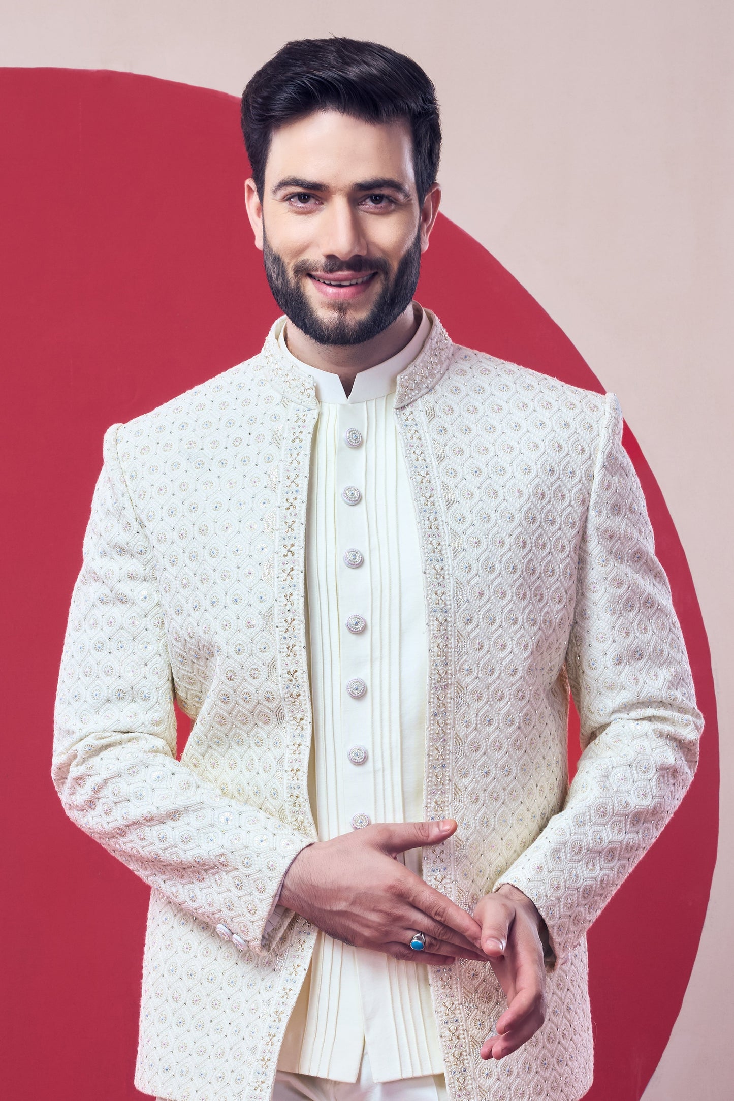 Men Cream Self-Design Embroidered Indo-Western Wear