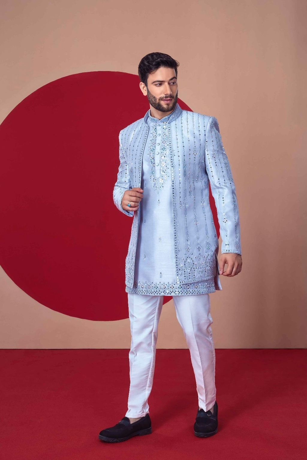Ethnic Light Blue Hand-Embellished Bandhgala Set