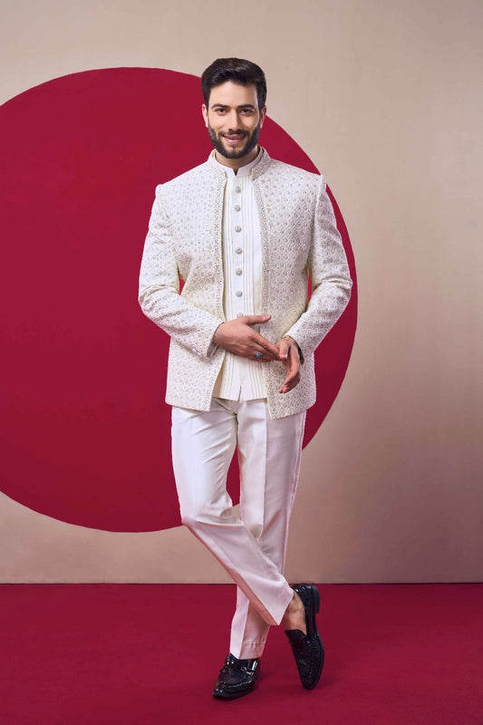 Men Cream Self-Design Embroidered Indo-Western Wear
