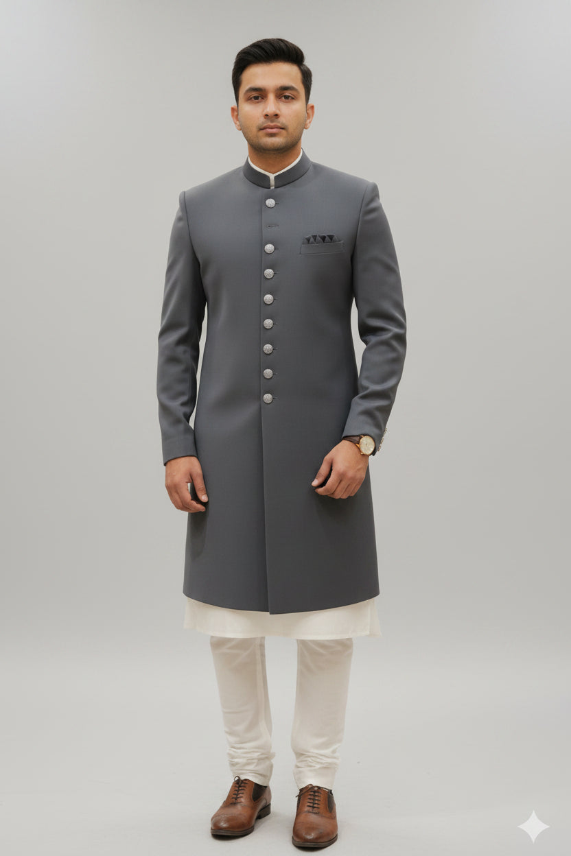 Elegant Slate Grey Indo-Western Achkan Coat