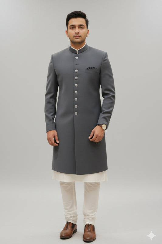 Elegant Slate Grey Indo-Western Achkan Coat