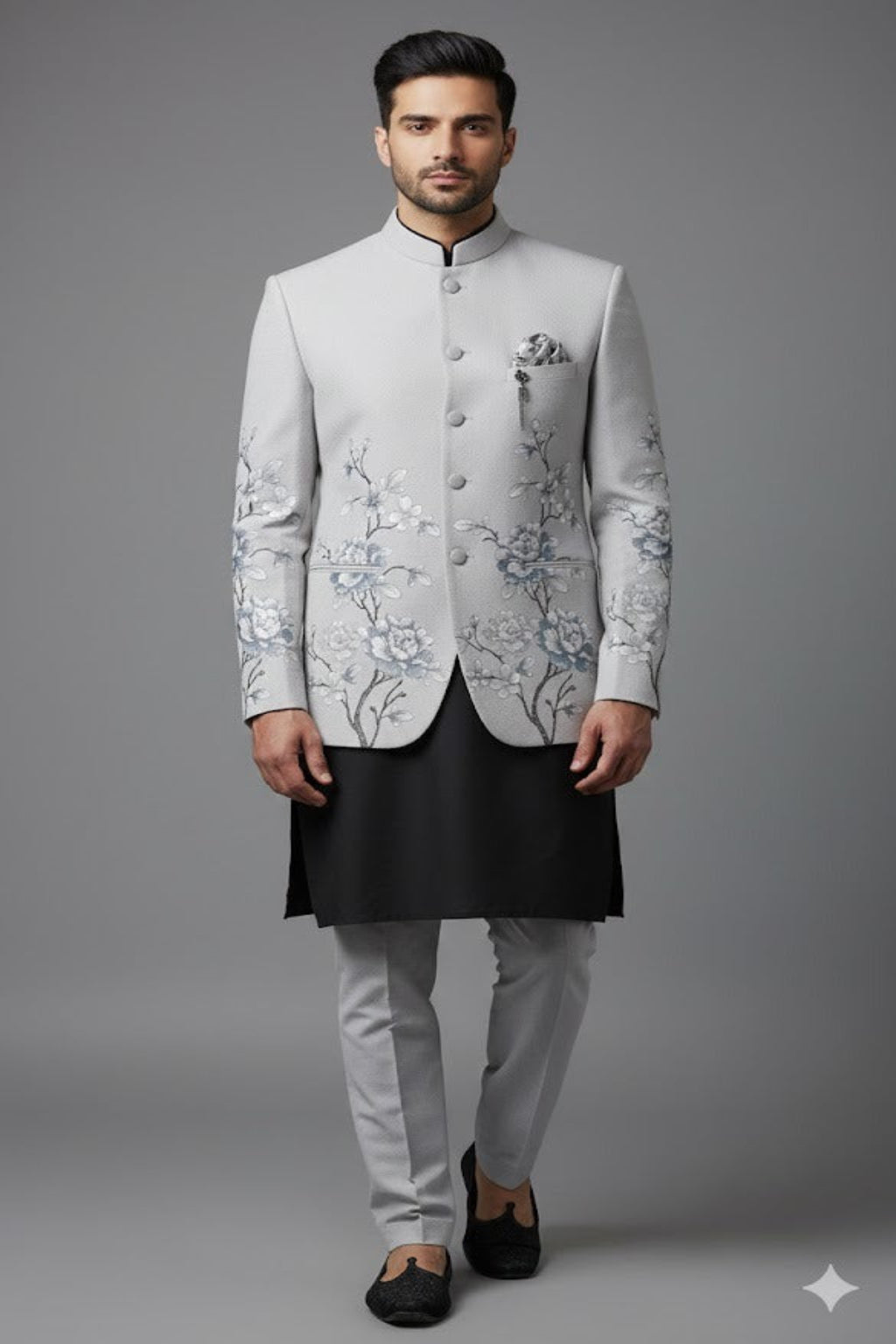 Premium Grey Floral Indo-Western for Groom