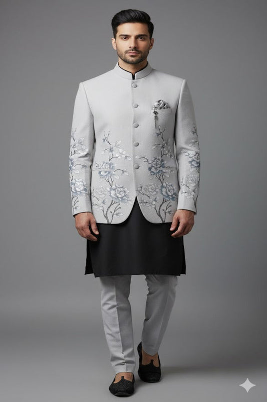 Premium Grey Floral Indo-Western for Groom