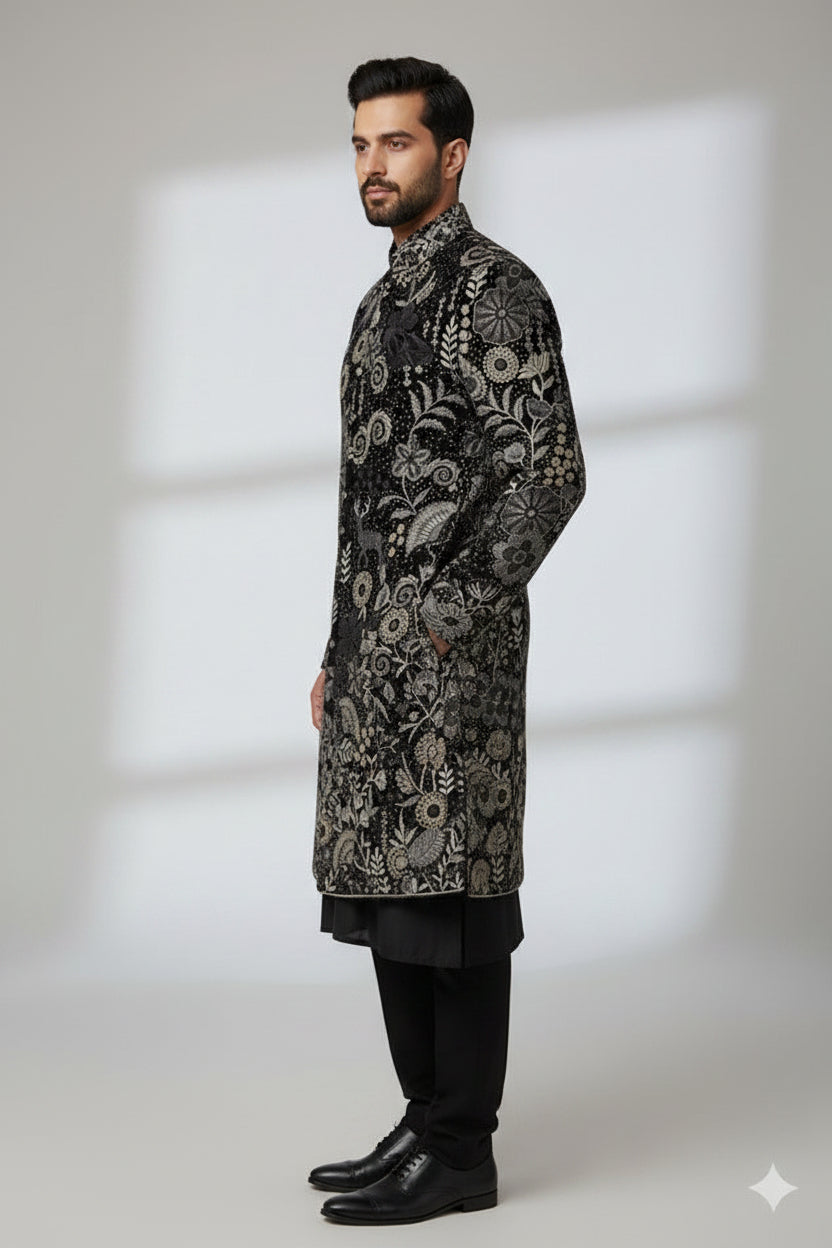 Royal Black Heavy Embroidered Indo-Western for Groom
