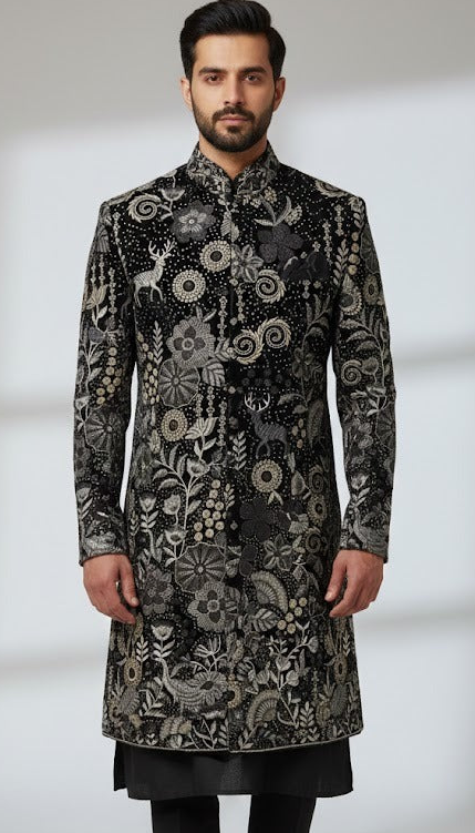 Royal Black Heavy Embroidered Indo-Western for Groom