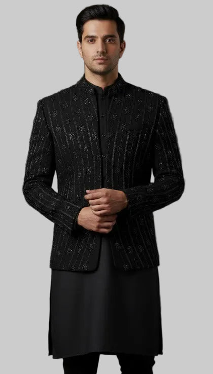 Premium Black Sequin Indo-Western for Groom