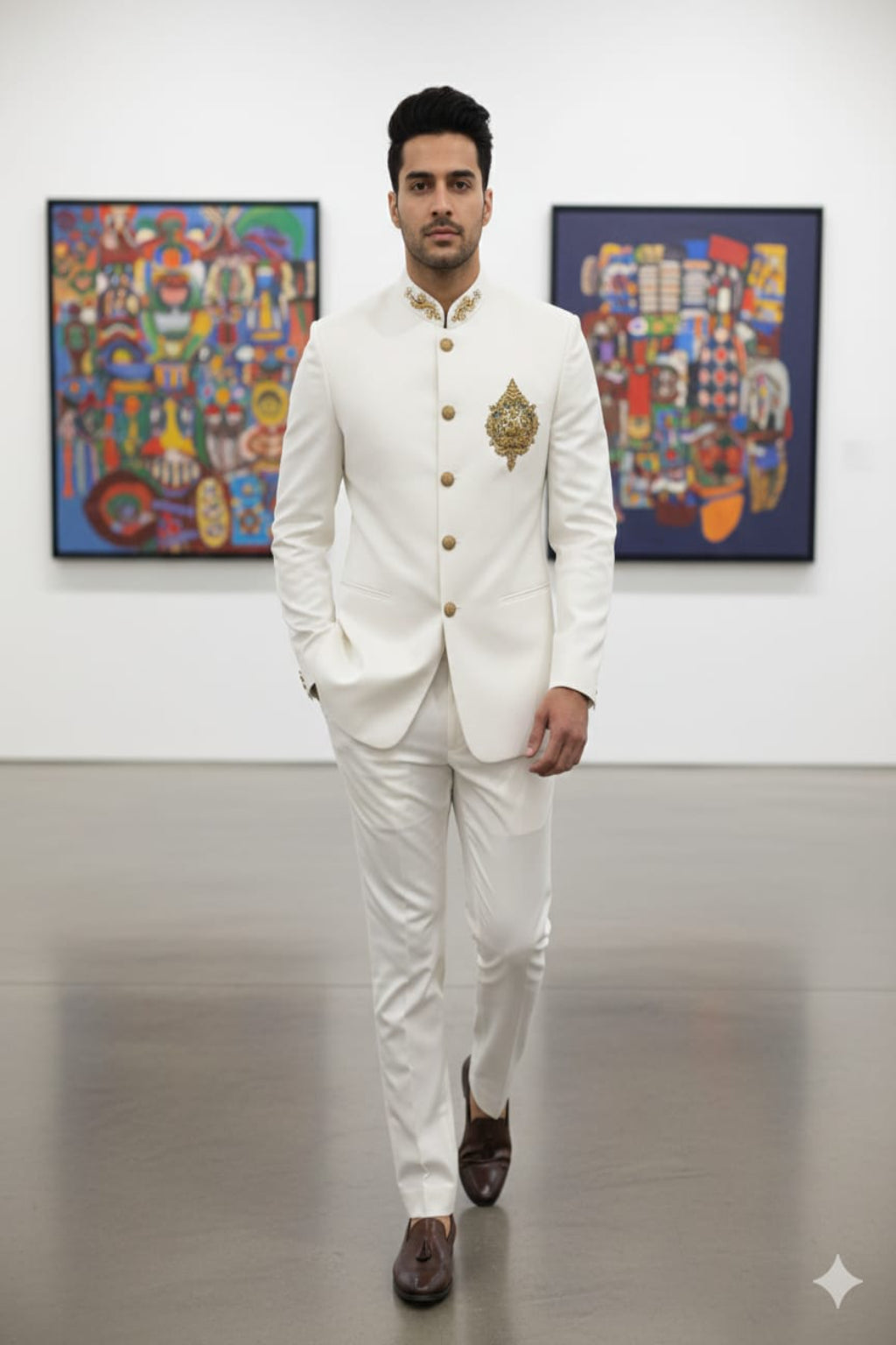 Royal Ivory Bandhgala Suit with Gold Brooch Embroidery