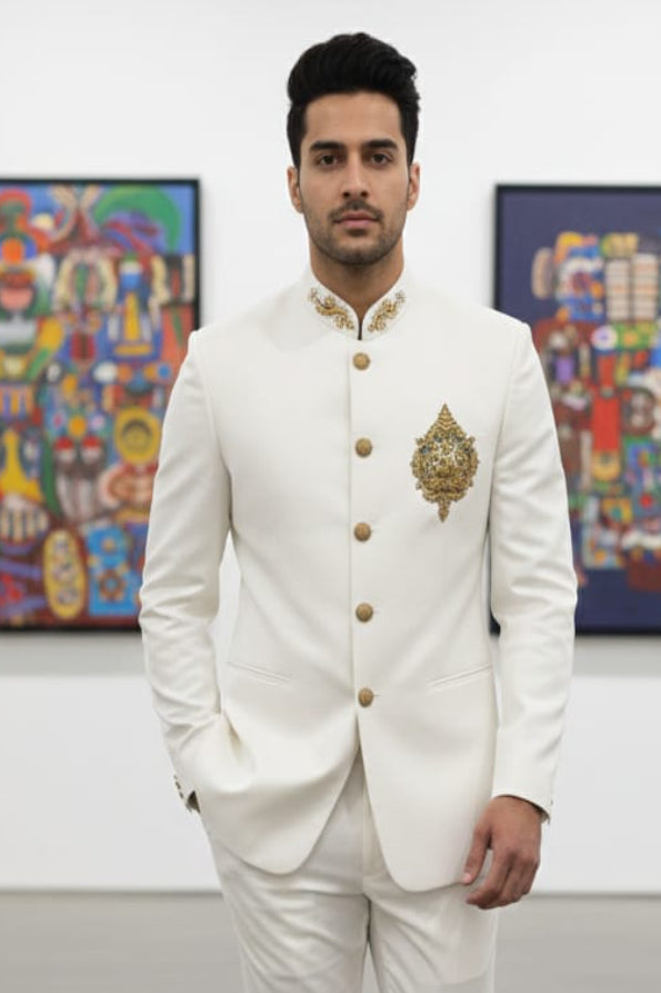 Royal Ivory Bandhgala Suit with Gold Brooch Embroidery