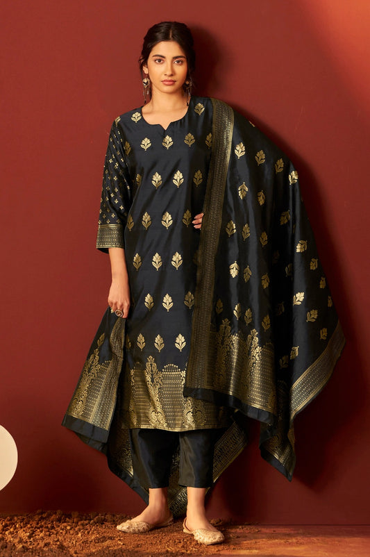 Black Brocade Suit with Multi-Color Paisley Border