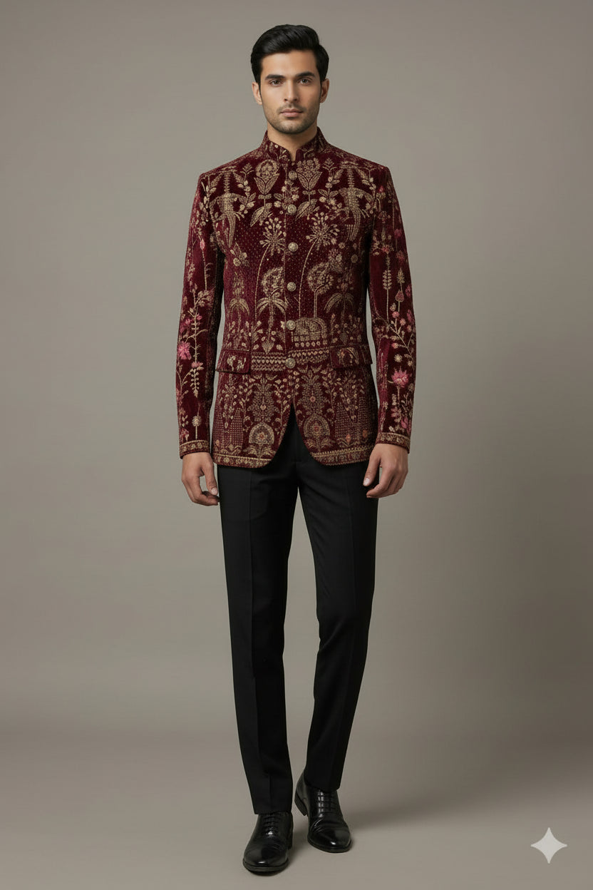 Regal Maroon Embroidered Jodhpuri Suit for Men