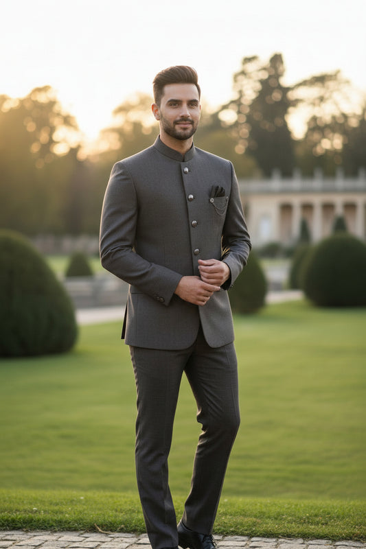 Classic Charcoal Grey Bandhgala Jacket – Premium Formal Ethnic Blazer