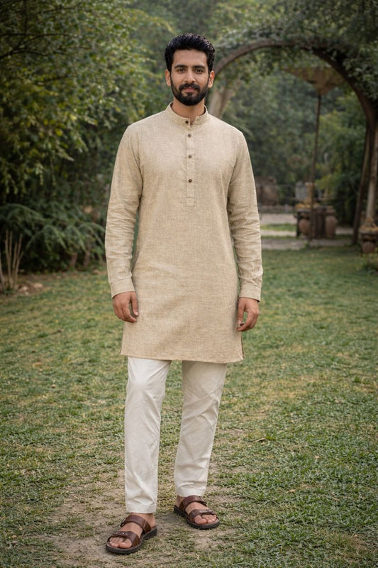 Men Ivory Cream Jute Fabric Kurta