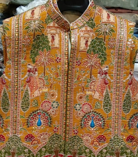 Men’s Mustard Yellow Multicolor Royal Scenic Embroidered Ethnic Jacket