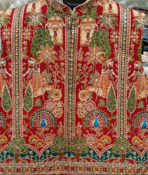 Men’s Red Multicolor Royal Scenic Embroidered Ethnic Jacket