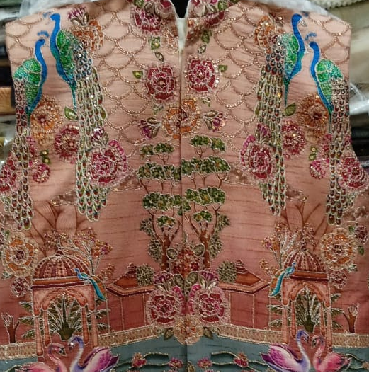 Men Peach Ethnic Peacock & Floral Embroidered Nehru Jacket