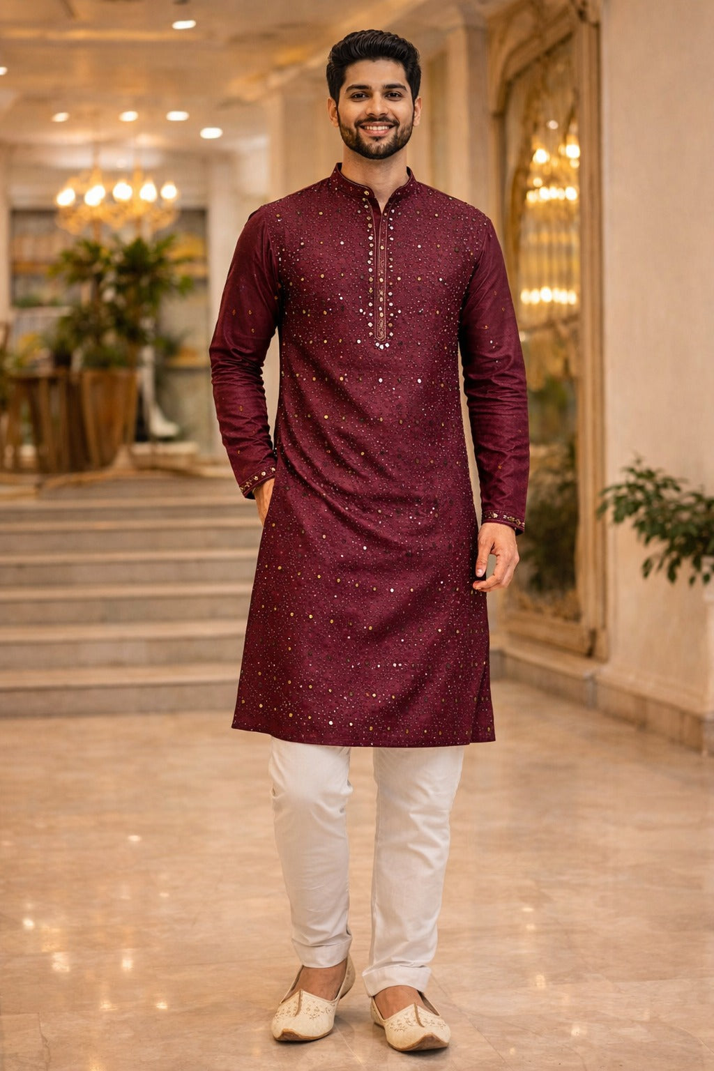 Men’s Premium Maroon Embroidered Kurta Set
