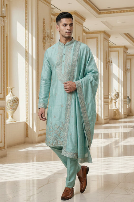 Men’s Premium Mint Green Embroidered Kurta Set with Dupatta