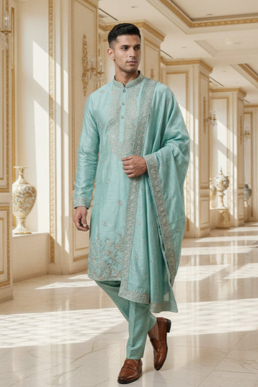 Men’s Premium Mint Green Embroidered Kurta Set with Dupatta