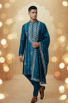 Men’s Premium Teal Blue Embroidered Kurta Set with Dupatta