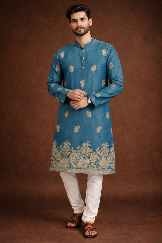 Men’s Premium Teal Blue Embroidered Kurta with White Salwar