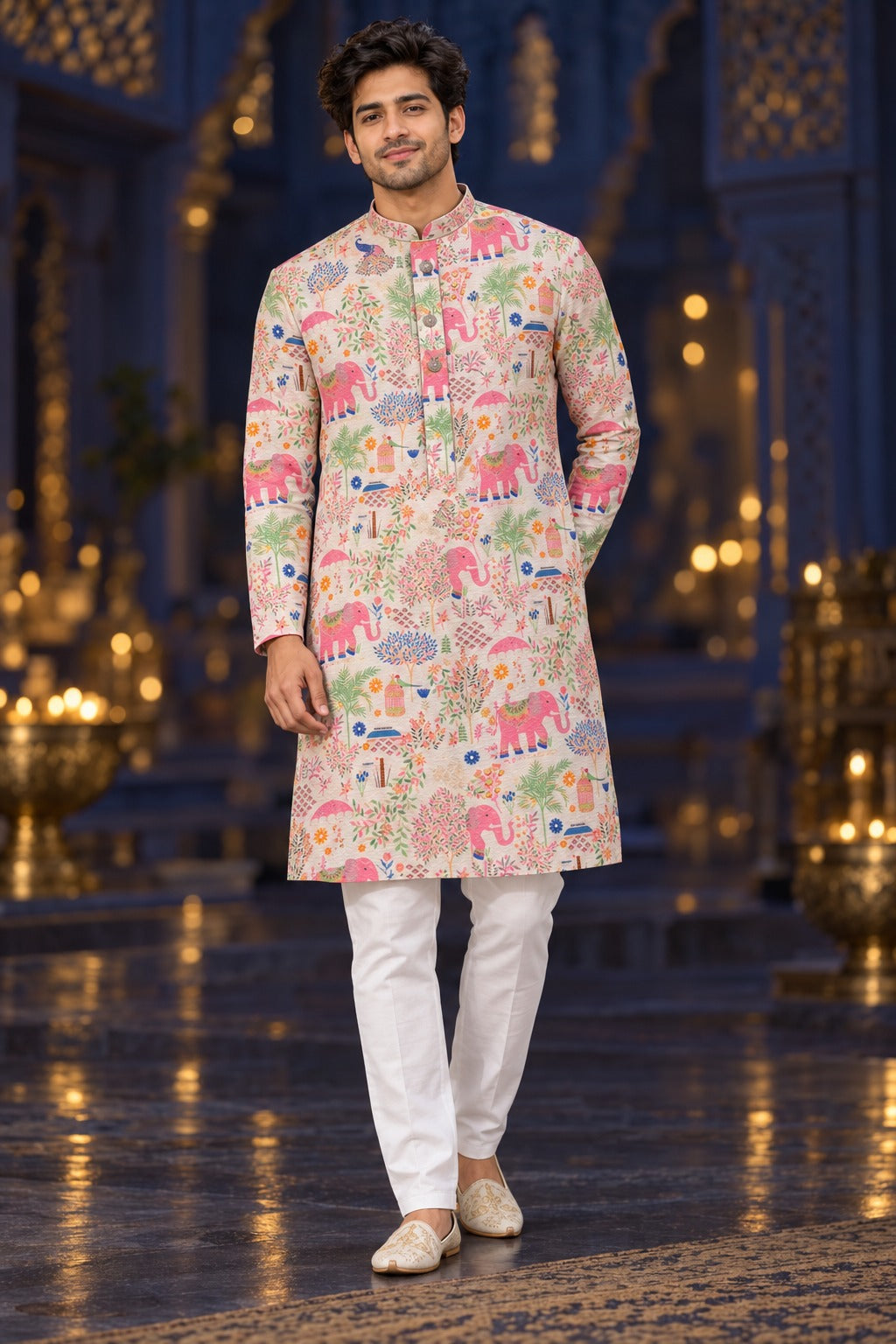 Pink Elephant Heritage Print Kurta Only
