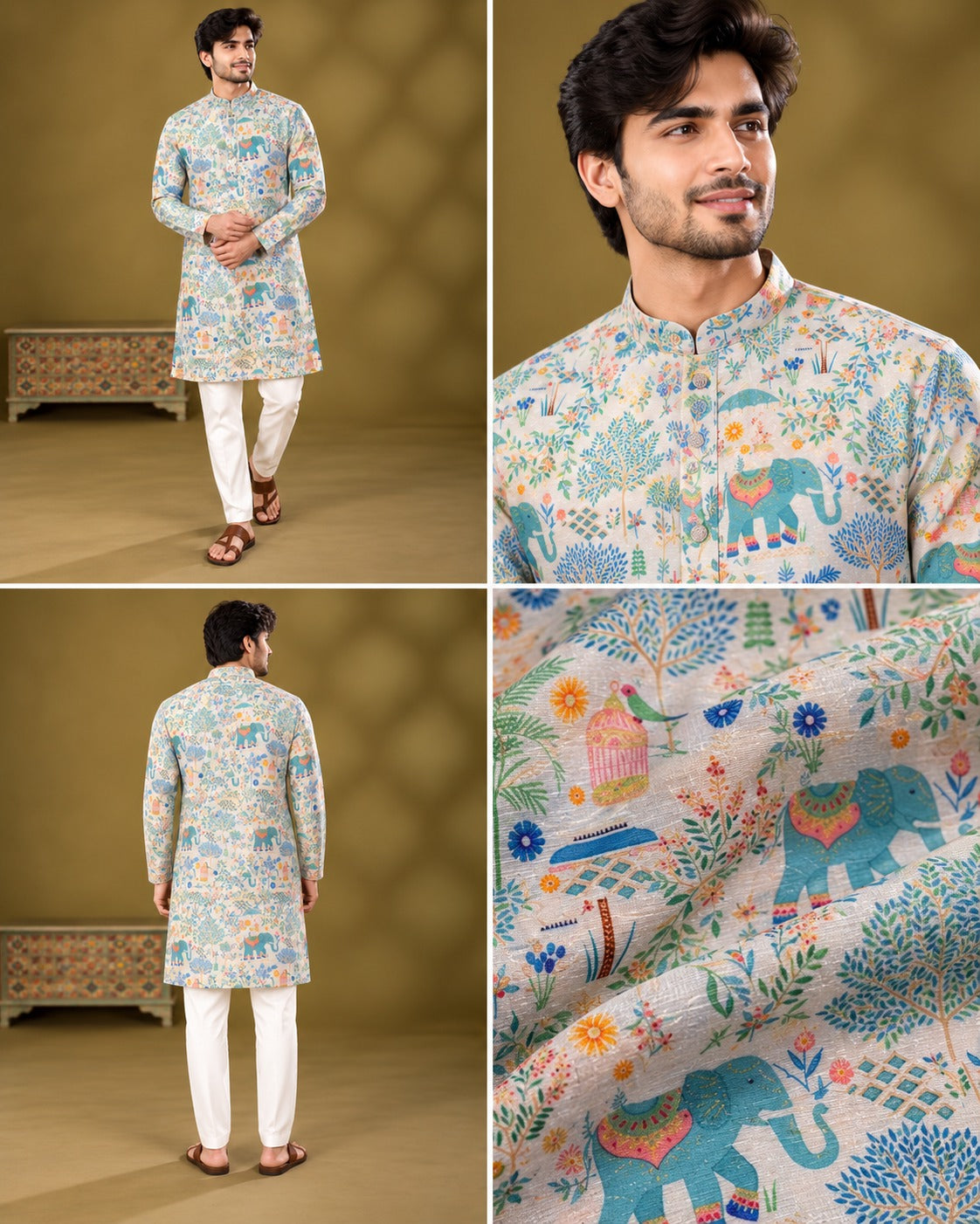 Ivory Elephant Garden Print Kurta Only