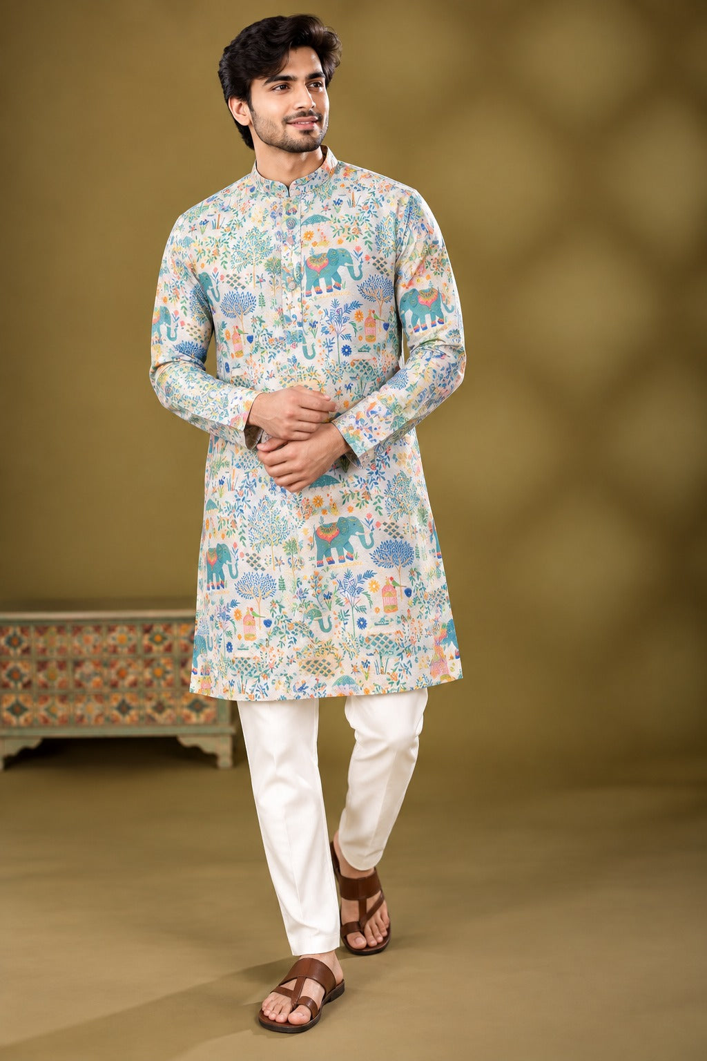 Ivory Elephant Garden Print Kurta Only
