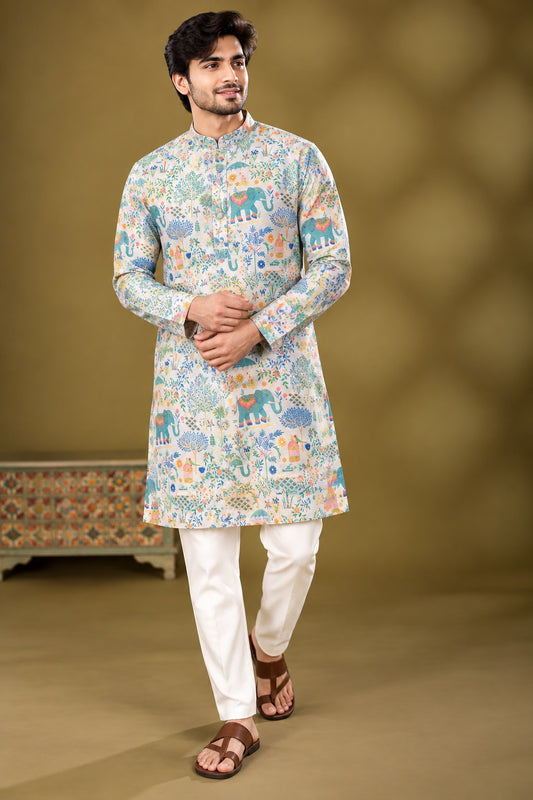 Ivory Elephant Garden Print Kurta Only