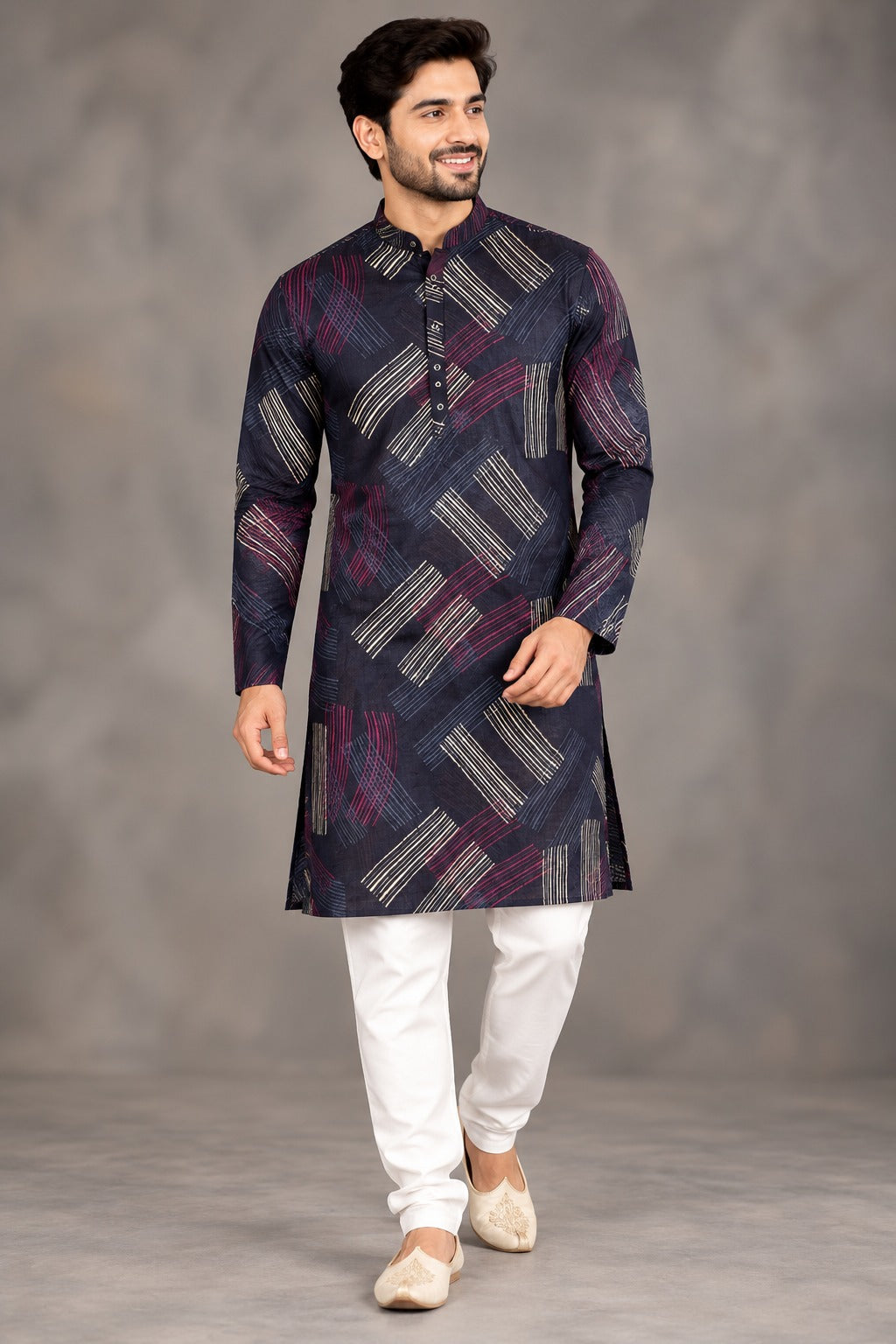 Men's Navy Blue Printed Kurta