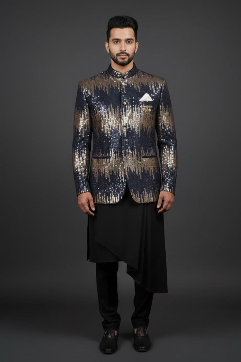 Premium Gold–Navy Sequin Indo-Western for Sangeet & Cocktail