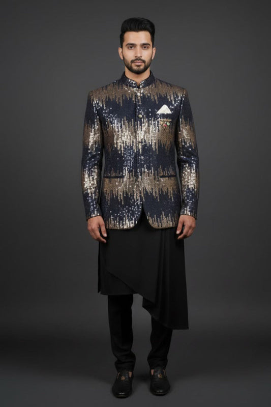 Premium Gold–Navy Sequin Indo-Western for Sangeet & Cocktail