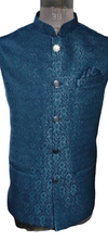 Men Teal Blue Jacquard Bundi Jacket