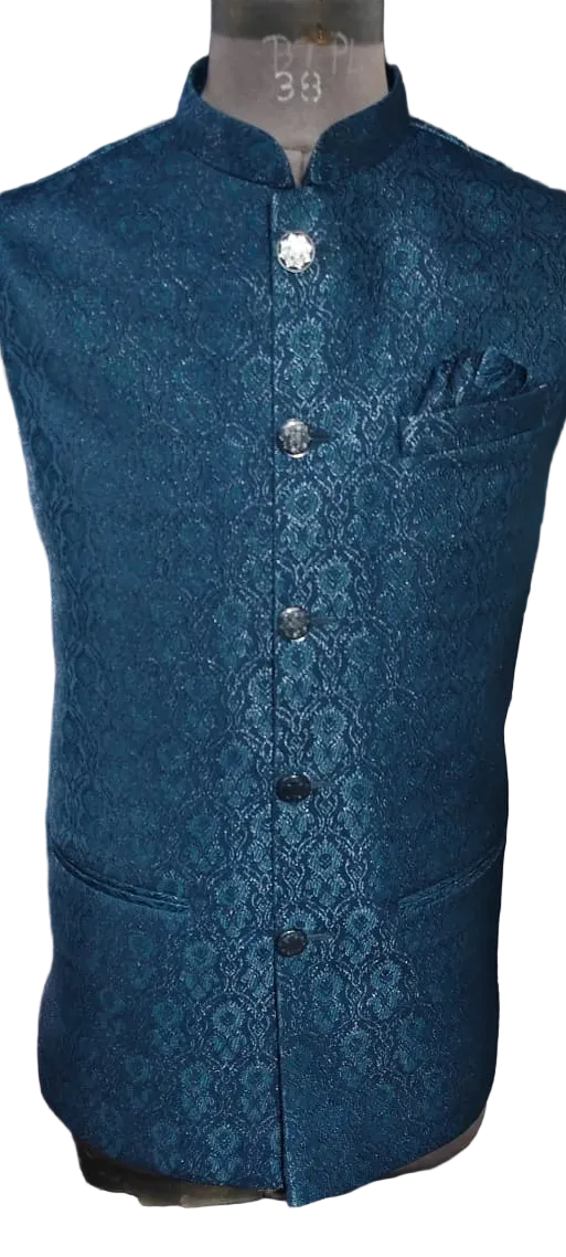Men Teal Blue Jacquard Bundi Jacket