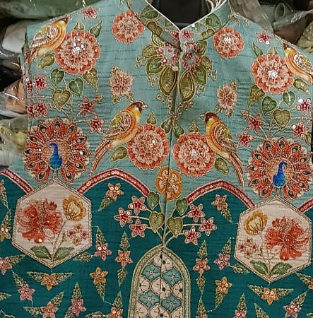 Men Green Ethnic Floral & Peacock Printed Nehru Jacket