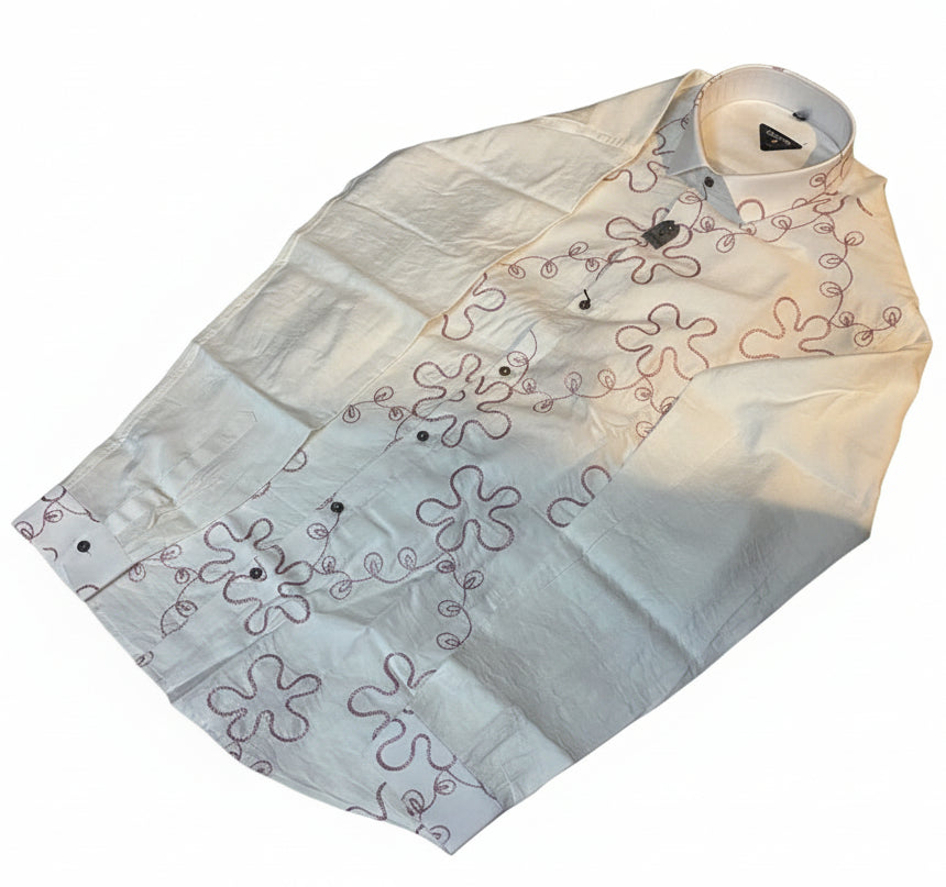 Men’s Premium White Designer Party Wear Shirt with Rust Floral