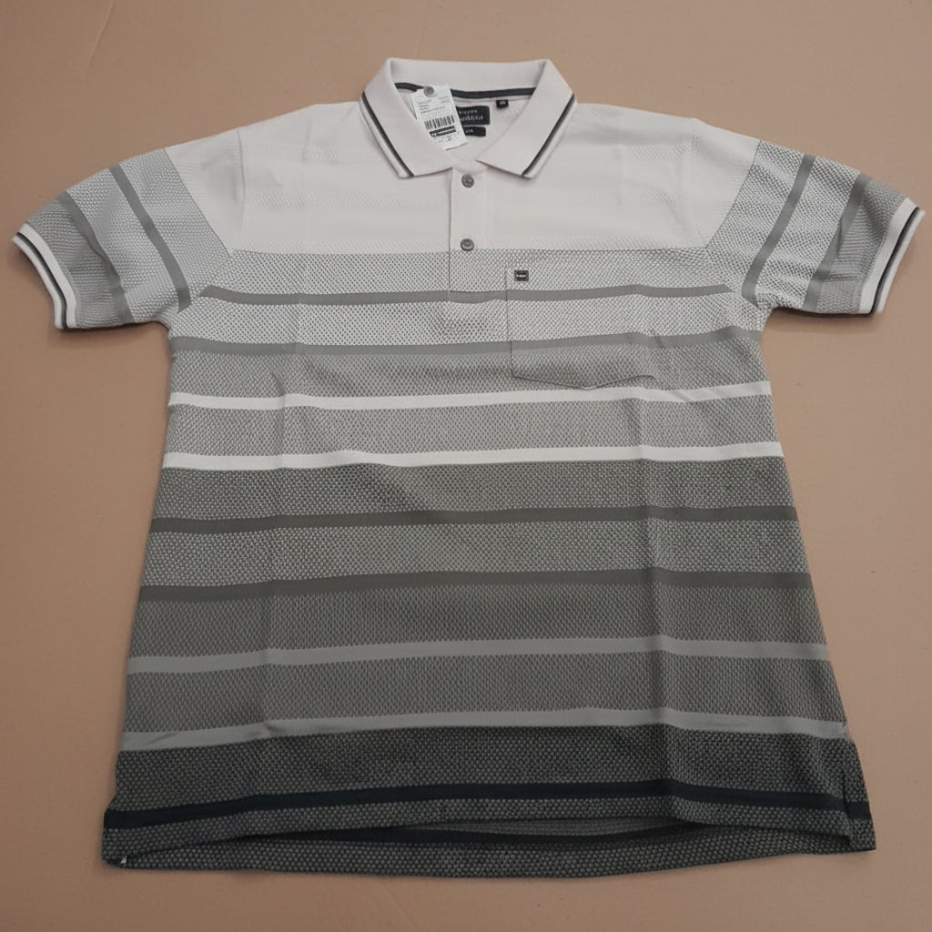 Men’s White & Grey Striped Polo T-Shirt