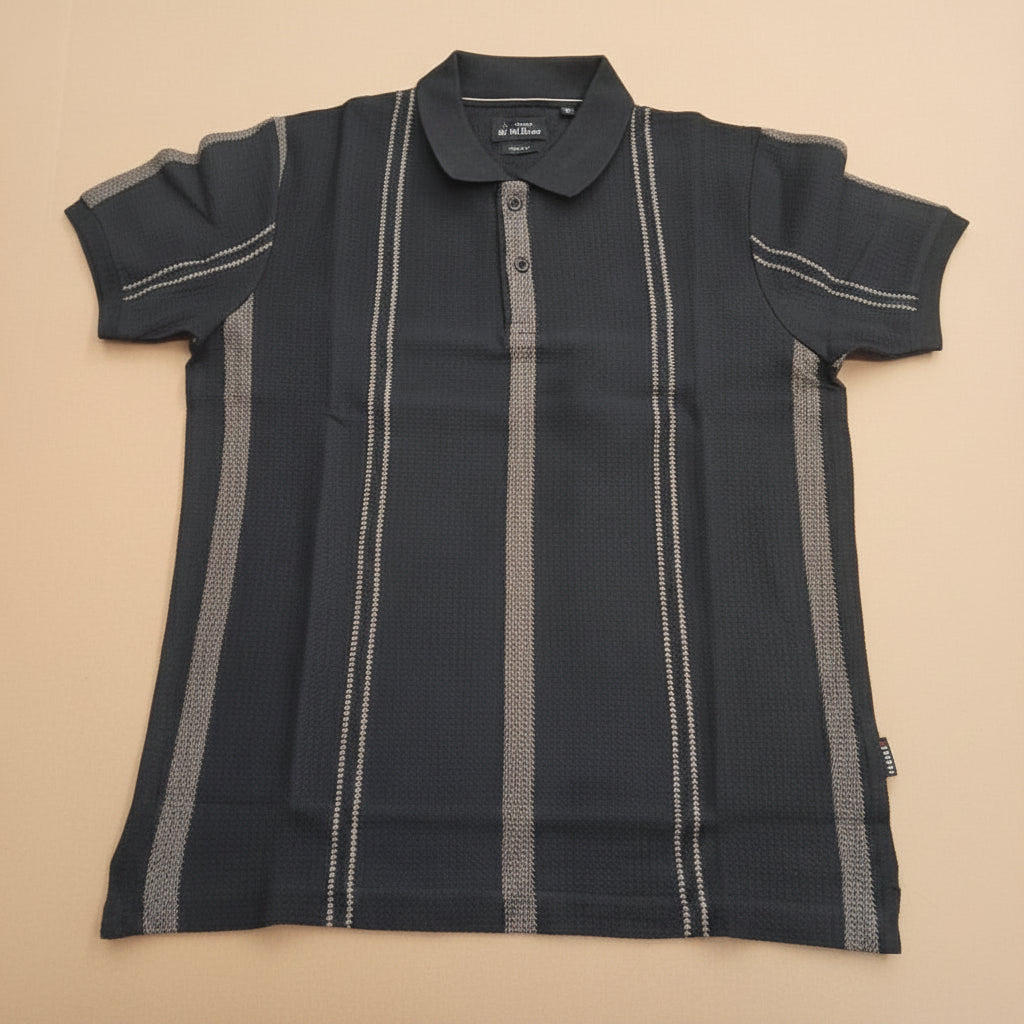 Men’s Black Textured Stripe Polo T-Shirt