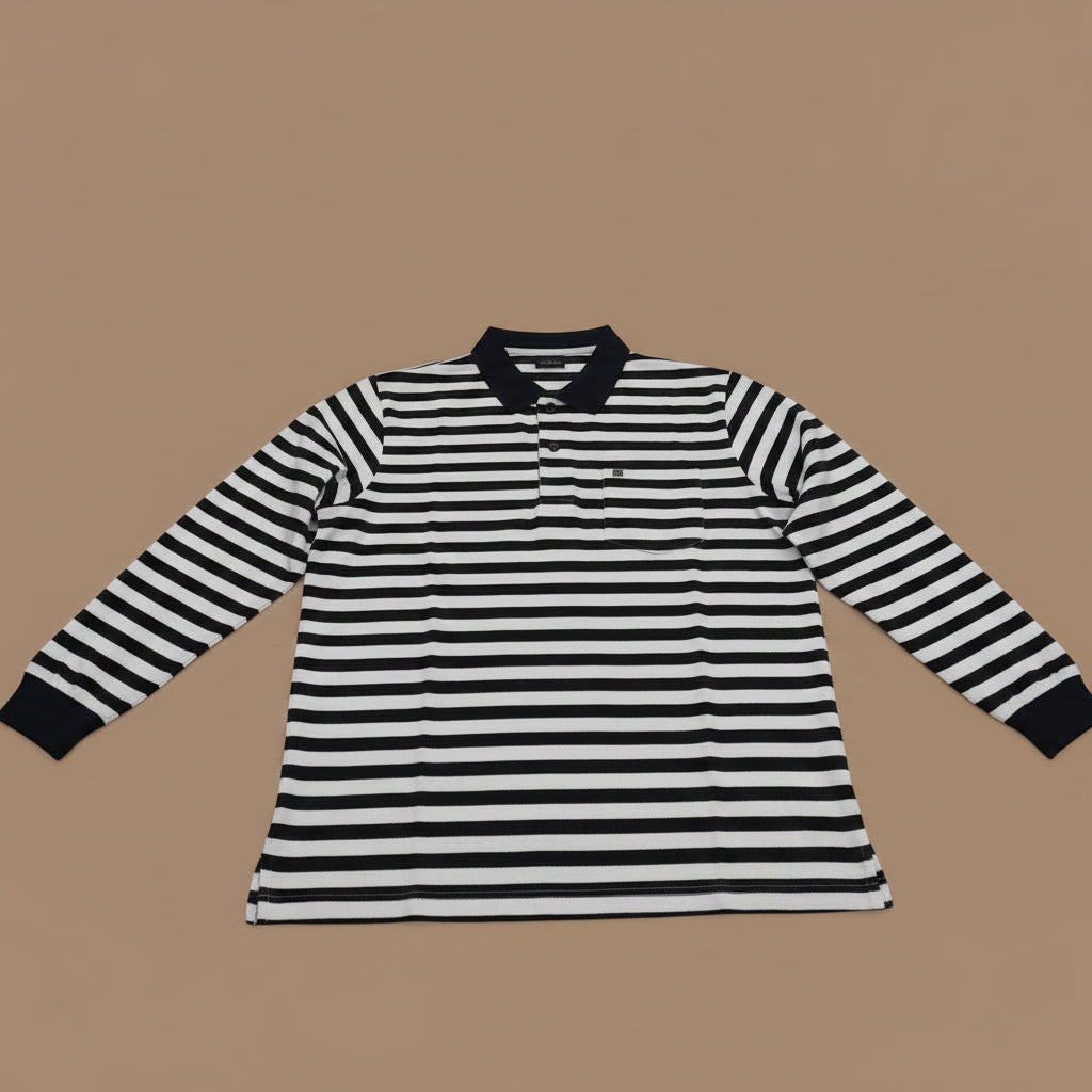Men’s Grey & White Horizontal Striped Full Sleeve Polo T-Shirt